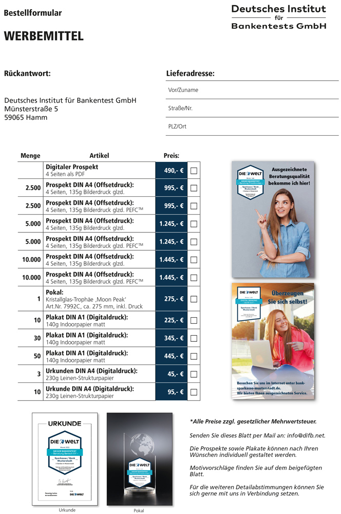 Bestellblatt Deutsches Institut für Bankentests Bestellformular Marketing